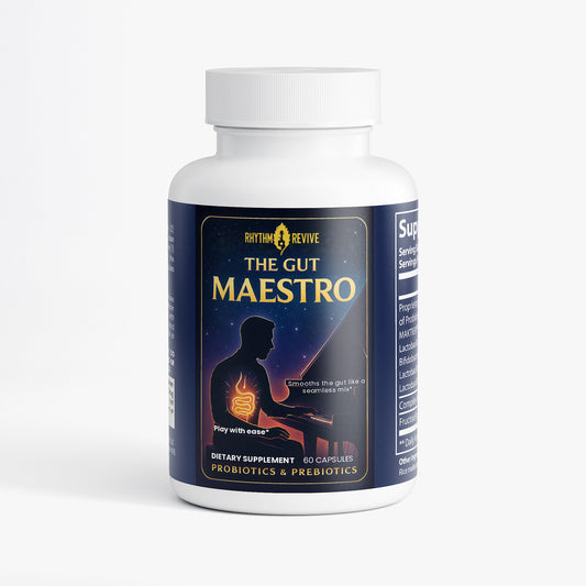 Supplement bottle labeled 'The Gut Maestro' on a white background
