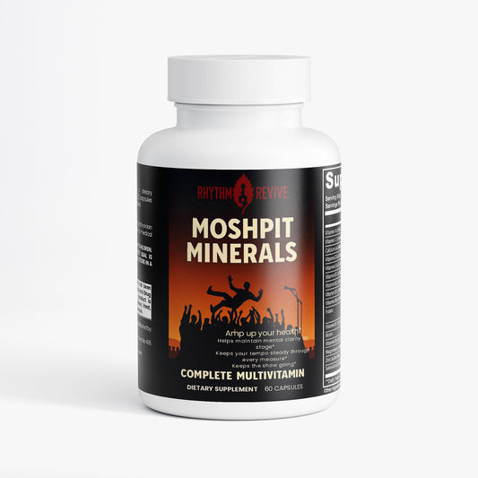 Bottle of 'Moshpit Minerals' complete multivitamin on a white background