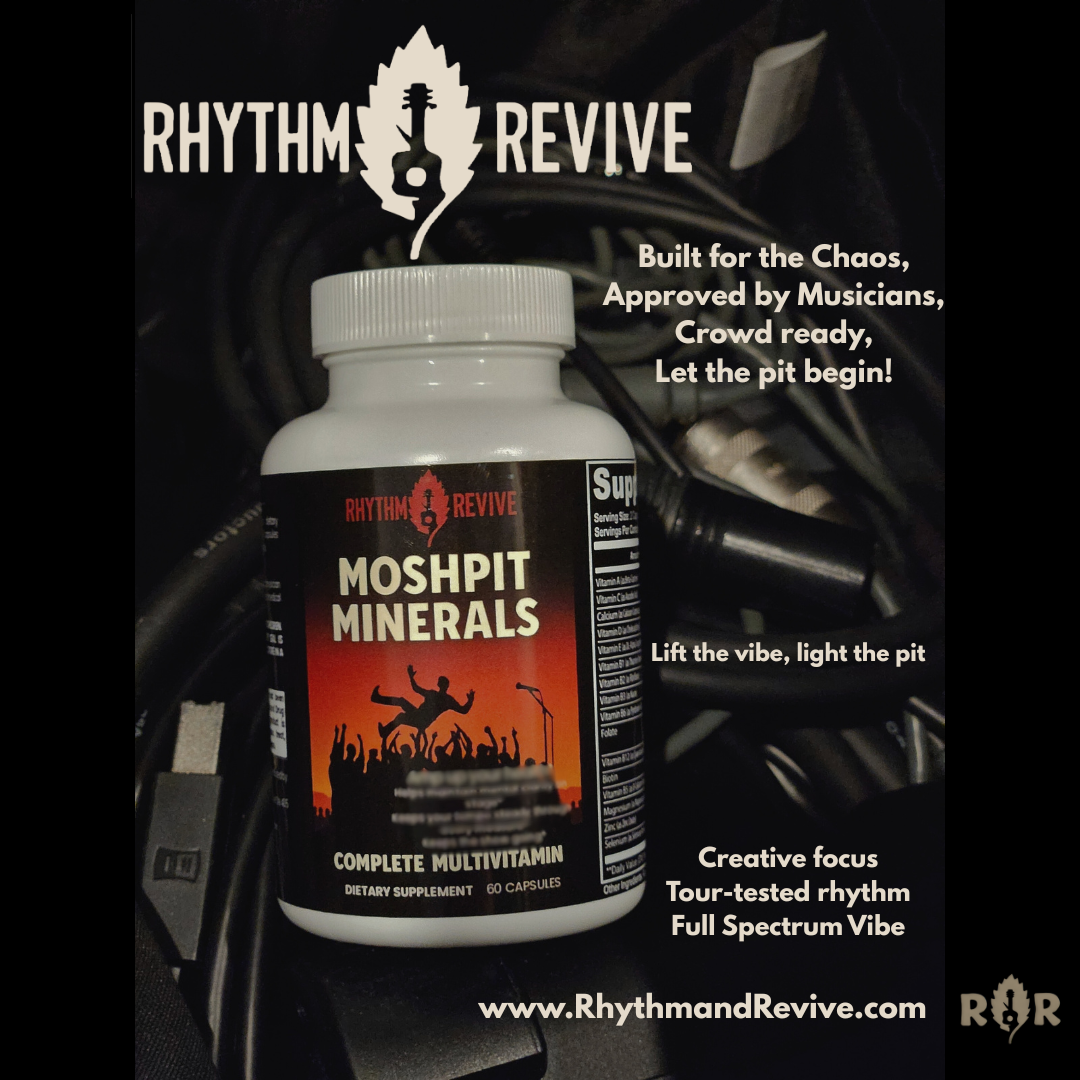Supplement bottle labeled 'Moshpit Minerals' by Rhythm Revive with promotional text on a dark background.