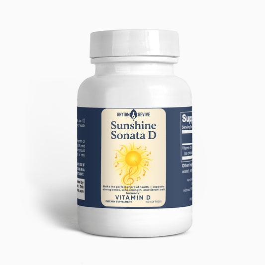 Bottle of Rhythm Revive Sunshine Sonata D Vitamin D supplement on a white background