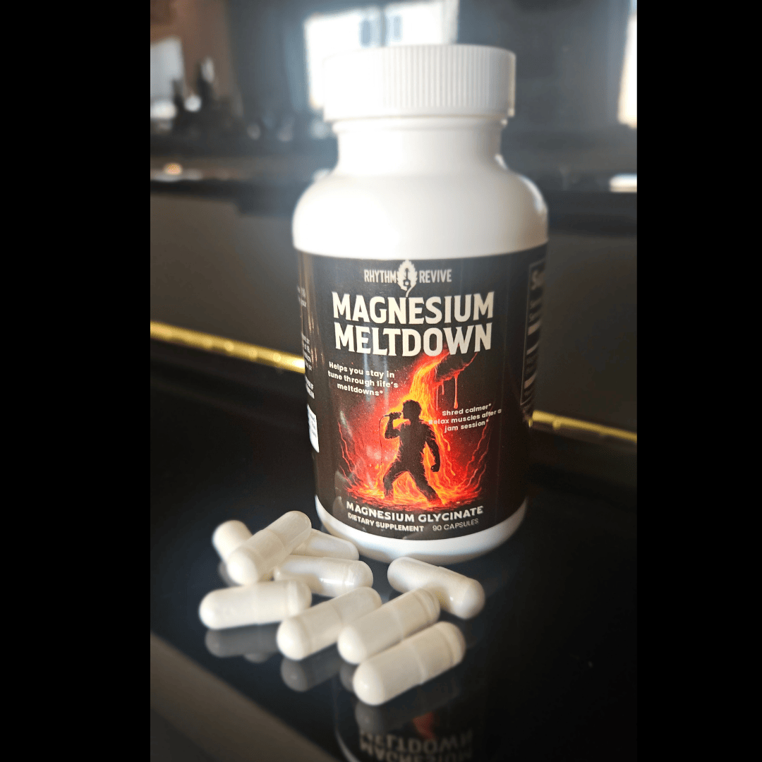 Bottle of 'Magnesium Meltdown' supplement with capsules on a reflective surface