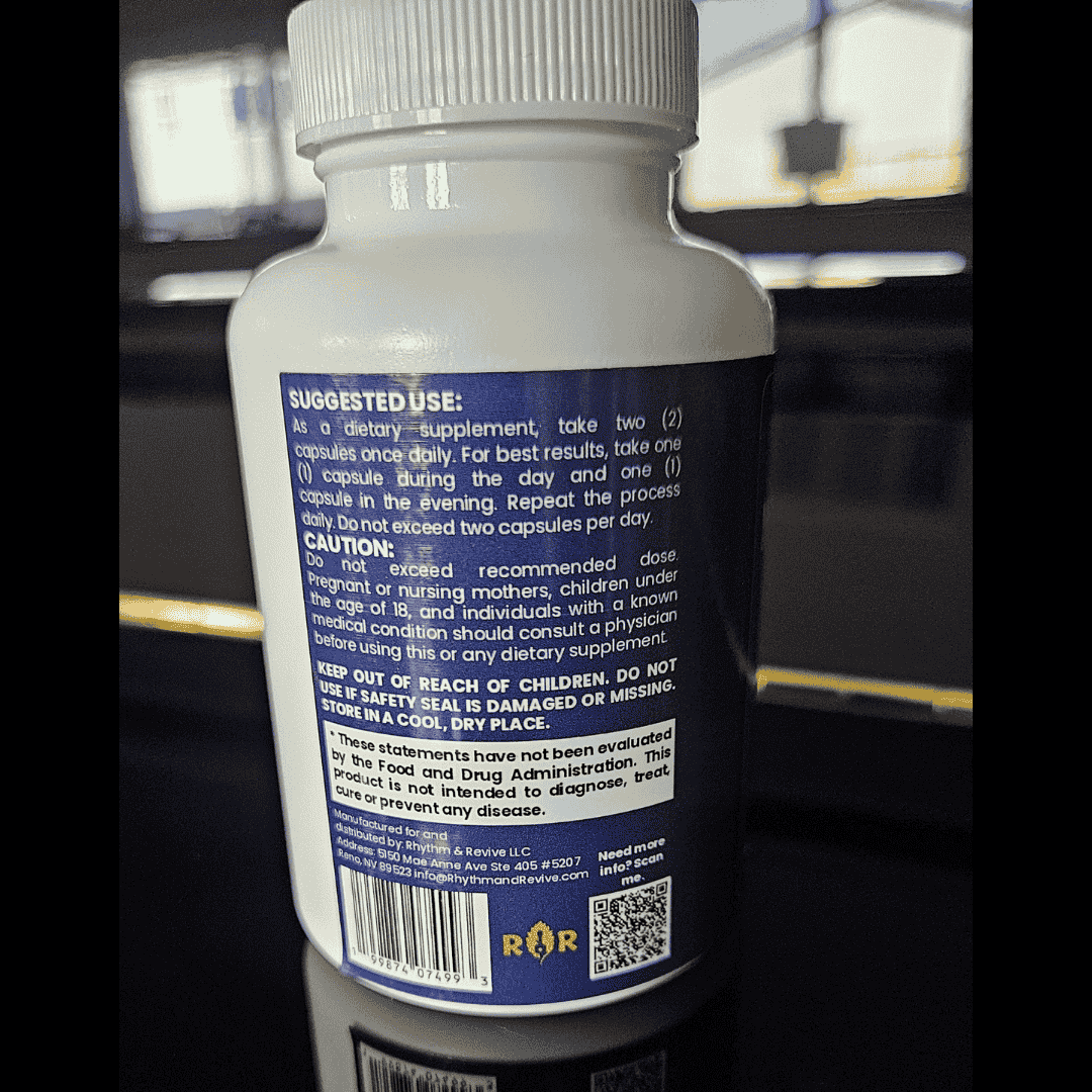 Supplement bottle with label showing usage instructions and cautionary statements.