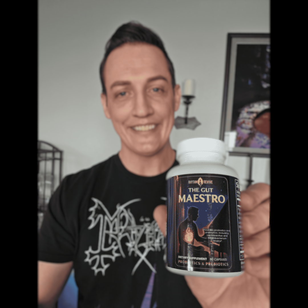 Person holding a supplement bottle labeled 'The Gut Maestro' in an indoor setting.