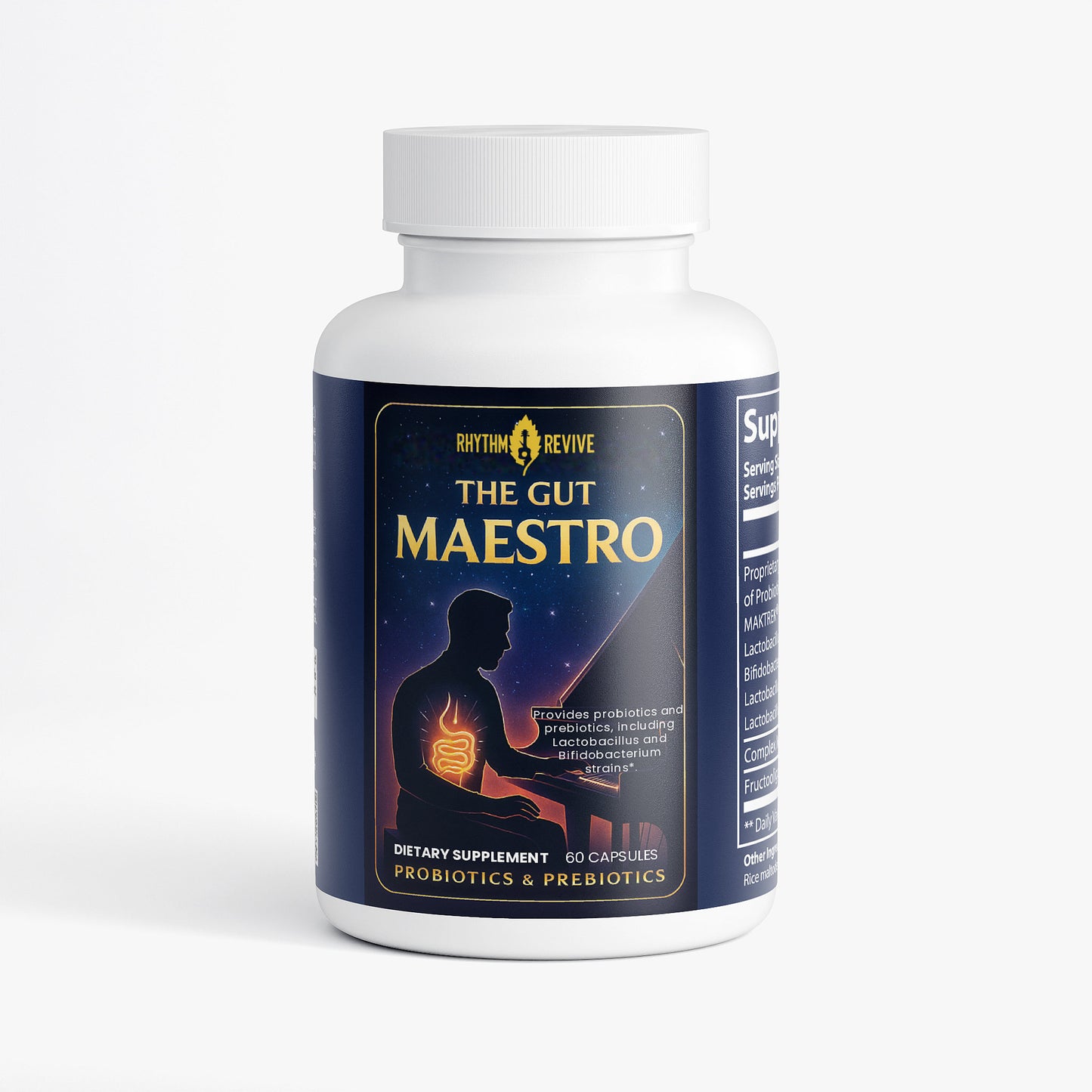 Supplement bottle labeled 'The Gut Maestro' on a white background