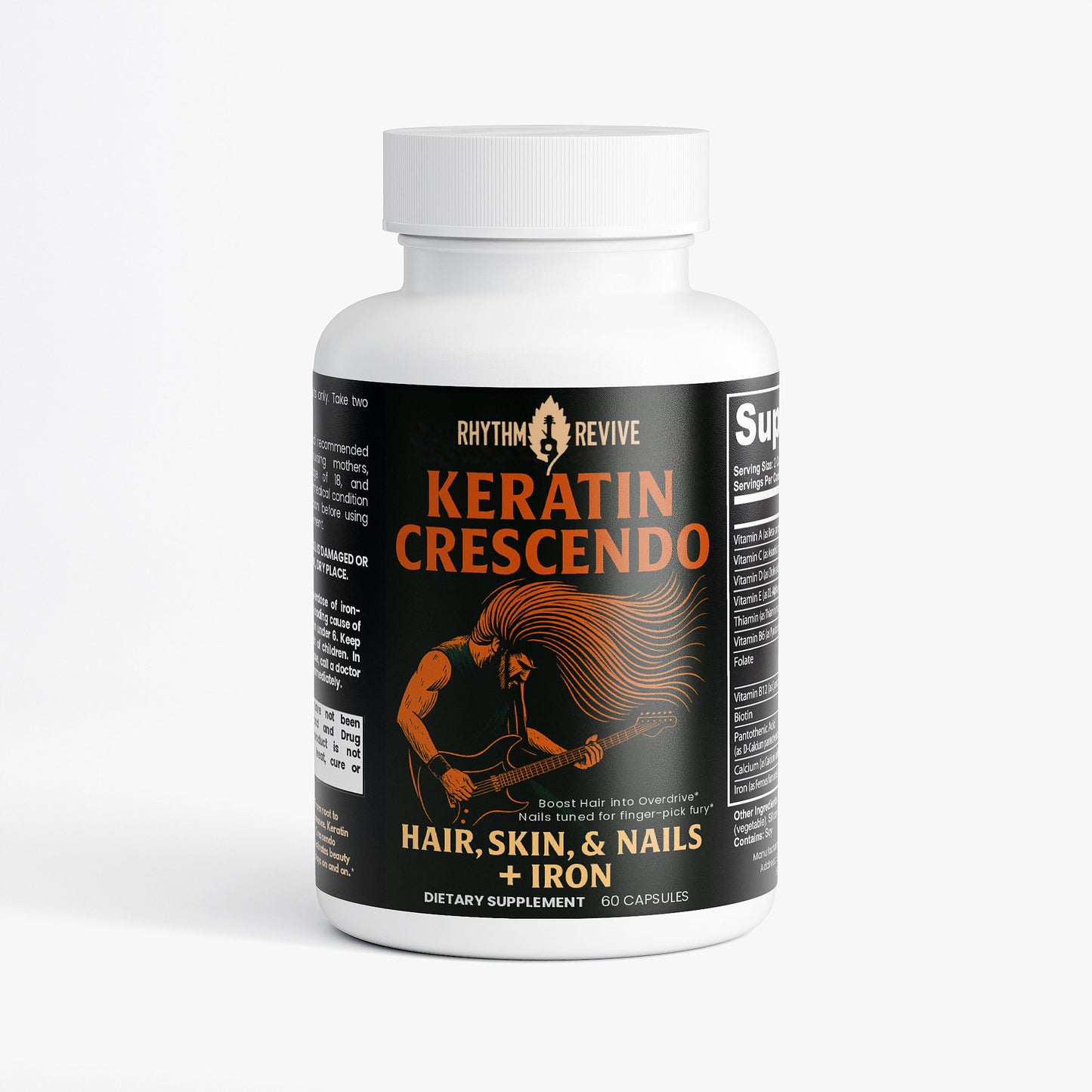 Supplement bottle labeled 'Keratin Crescendo' on a white background