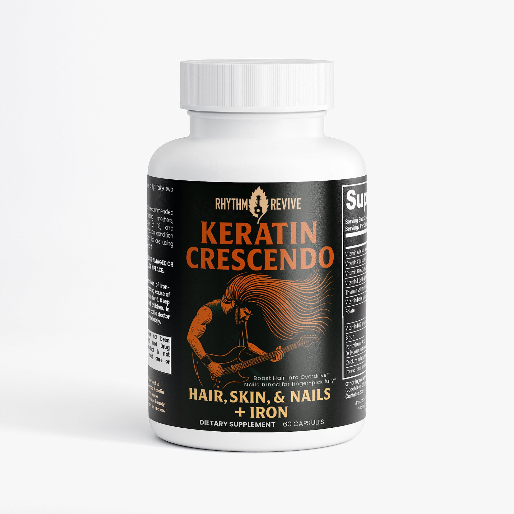 Supplement bottle labeled 'Keratin Crescendo' on a white background