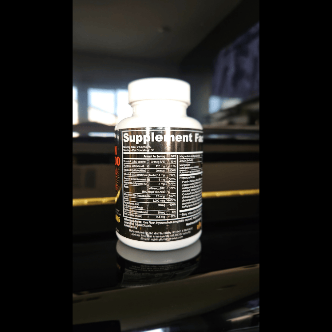 Supplement bottle with nutritional information on a reflective surface