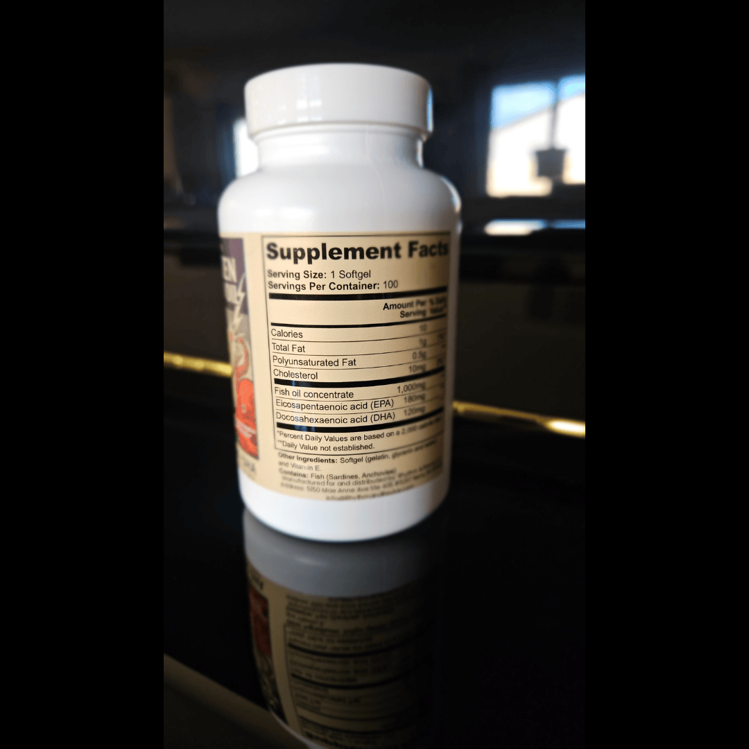 Supplement bottle with label on a reflective surface