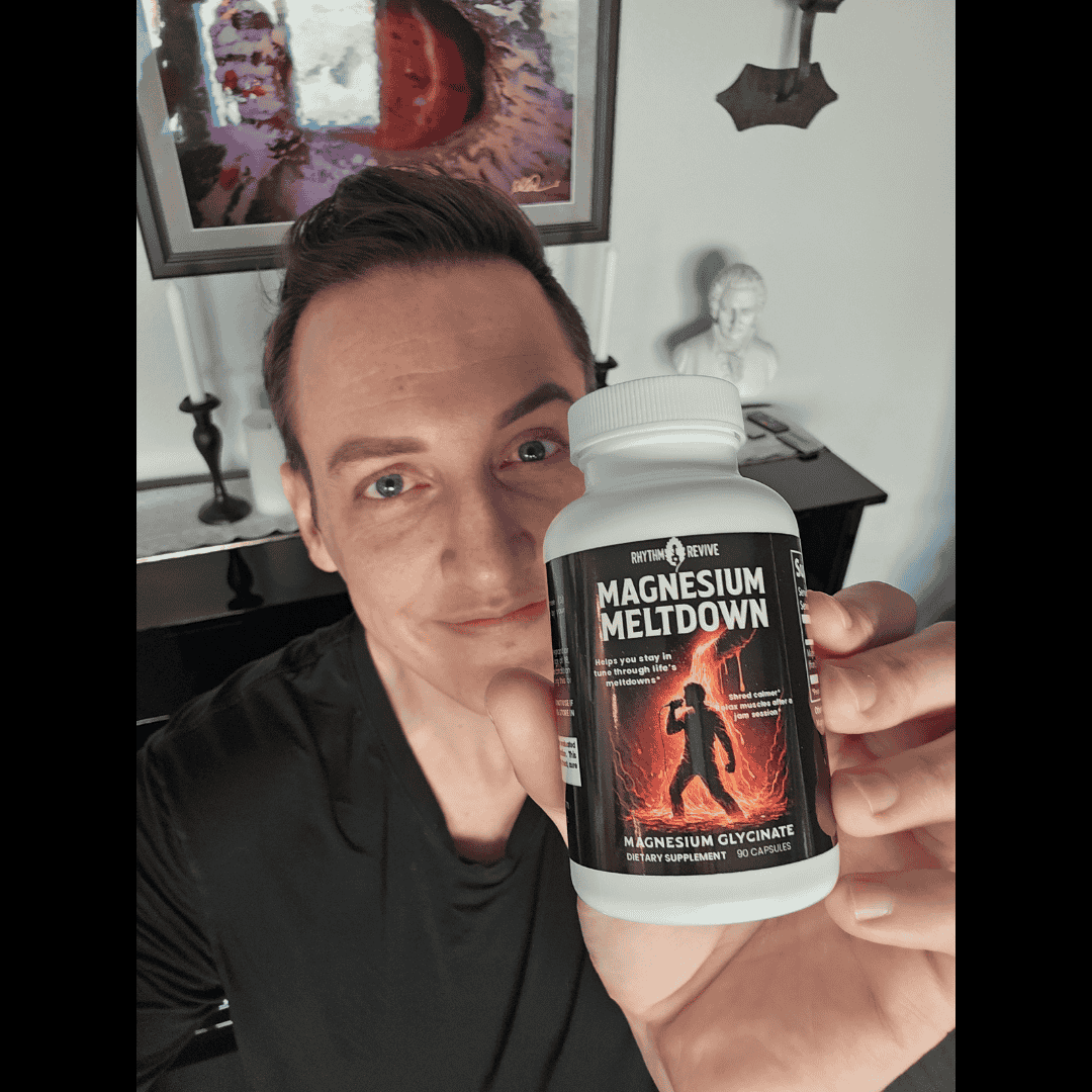 Person holding a supplement bottle labeled 'Magnesium Meltdown' in an indoor setting.