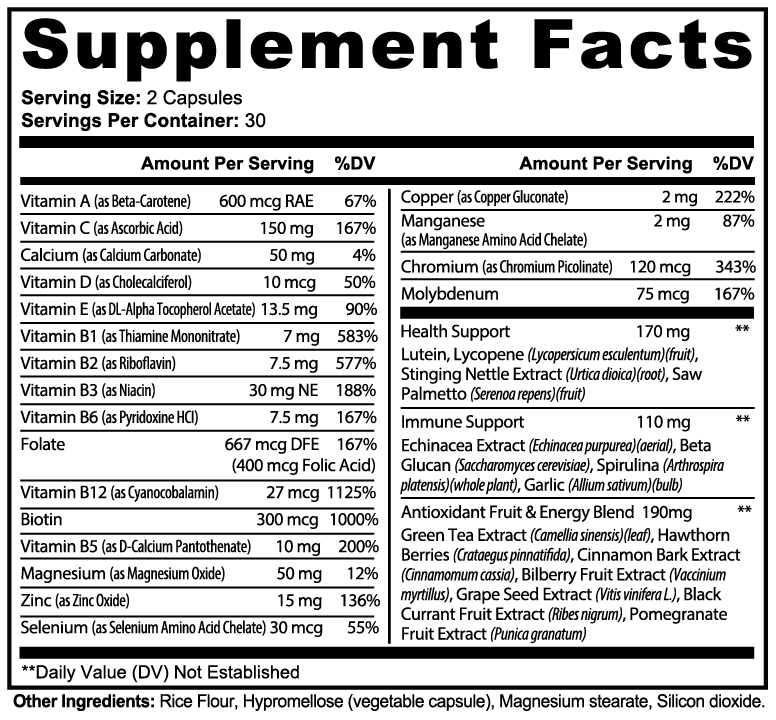 Supplement facts label with detailed nutritional information